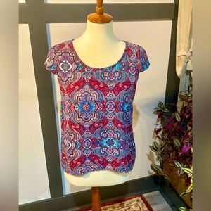 Burgundy, blue, and white paisley top